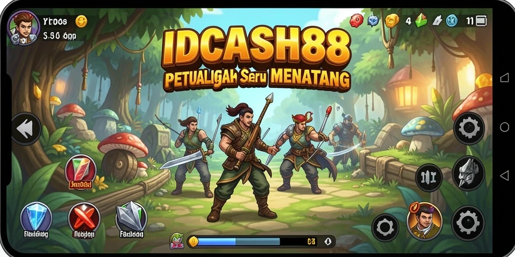 Tangkapan layar gameplay IDCASH88 menunjukkan karakter menjelajahi dunia petualangan yang penuh warna.