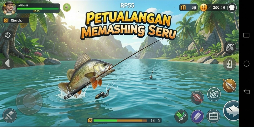 Screenshot dari gameplay RP55 yang menampilkan pengalaman memancing yang seru.