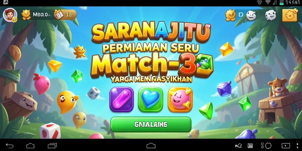 Screenshot SARANAJITU menampilkan gameplay seru dengan berbagai item berwarna.