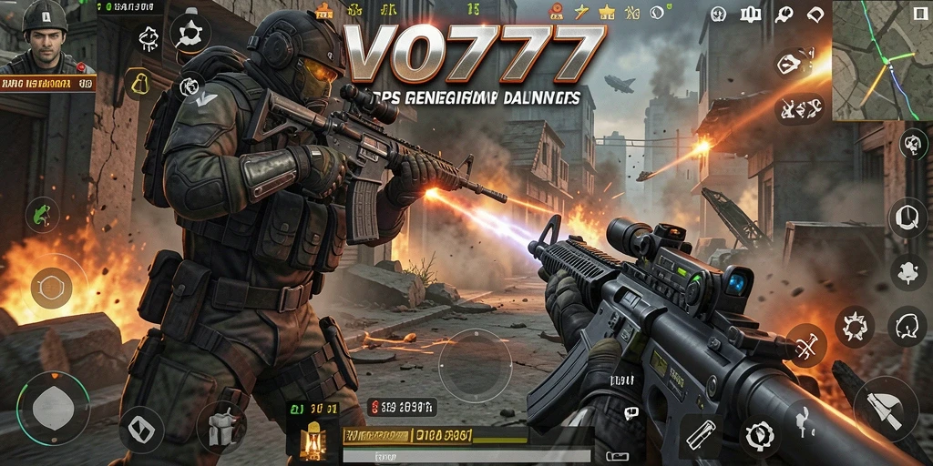 Screenshot utama VO777 menampilkan aksi intens dalam gameplay TPS yang mengesankan.